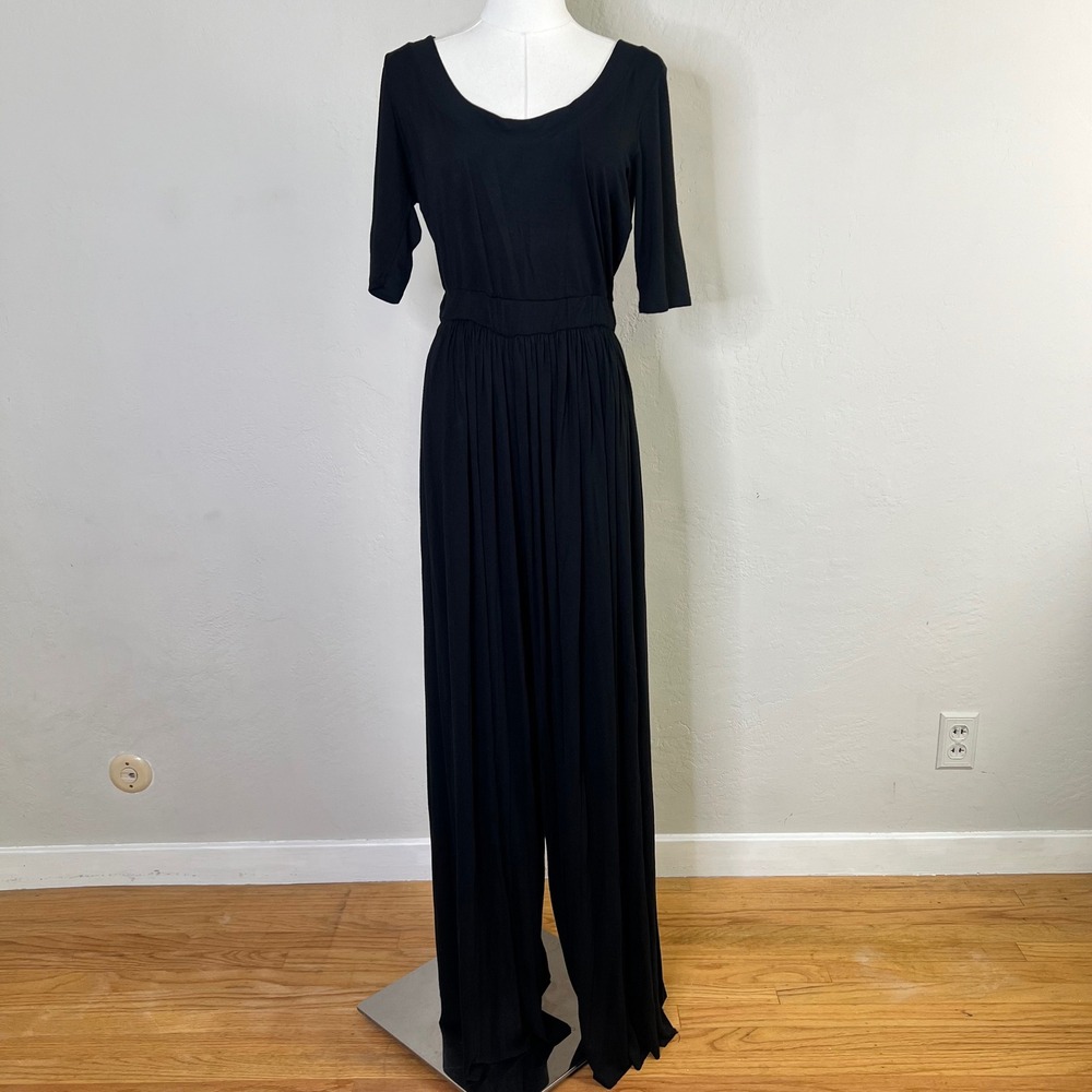 Free People Beach Jumpsuit Wide Leg Rosebowl Size Large Black Jersey Scoop Neck